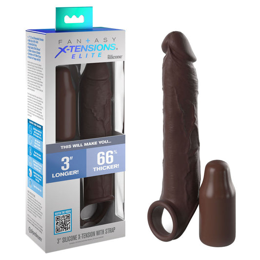 Fantasy X-Tensions Elite 3'' Extension with Strap - Brown - Brown 7.66 cm Penis Extender Sleeve - BlueBonnet